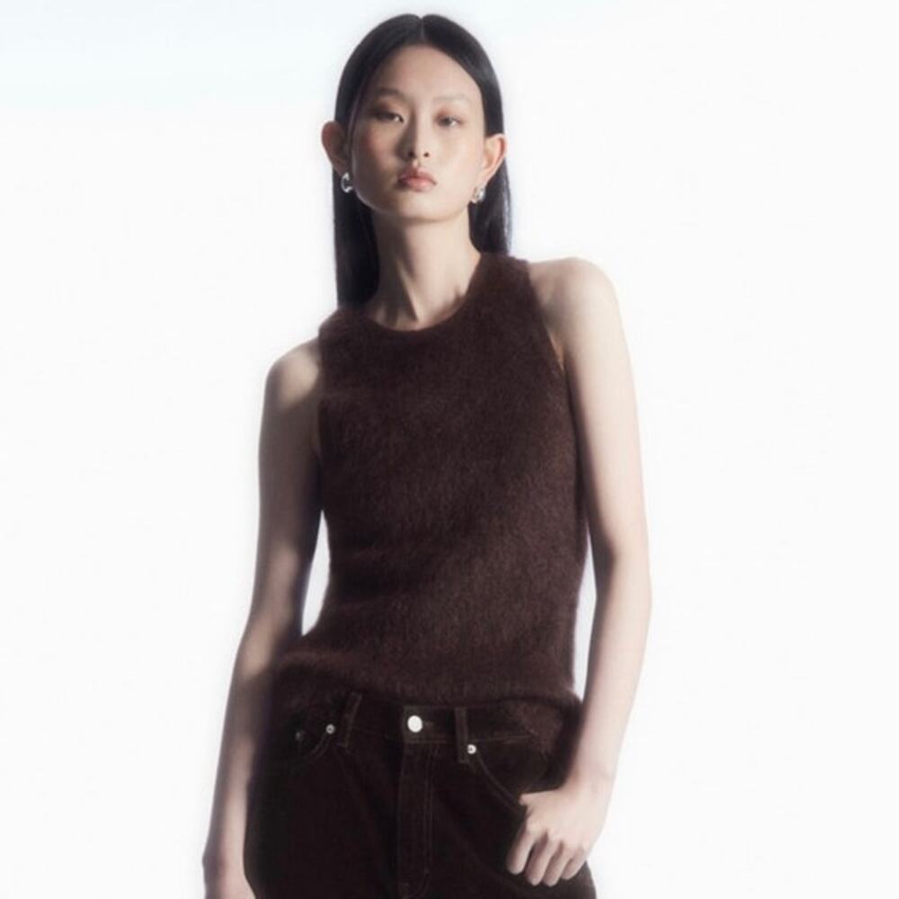 COS Knitted Mohair Vest in Rich Dark-Brown Slim Silhouette Size Small